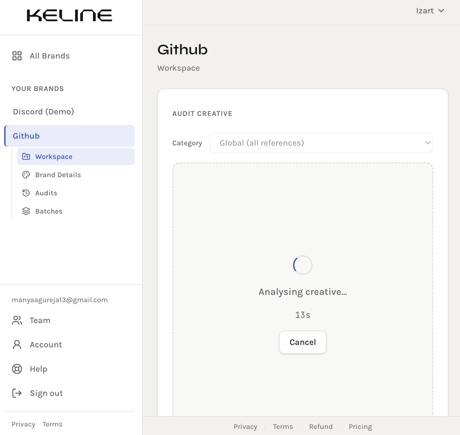 Keline analyzing an uploaded creative